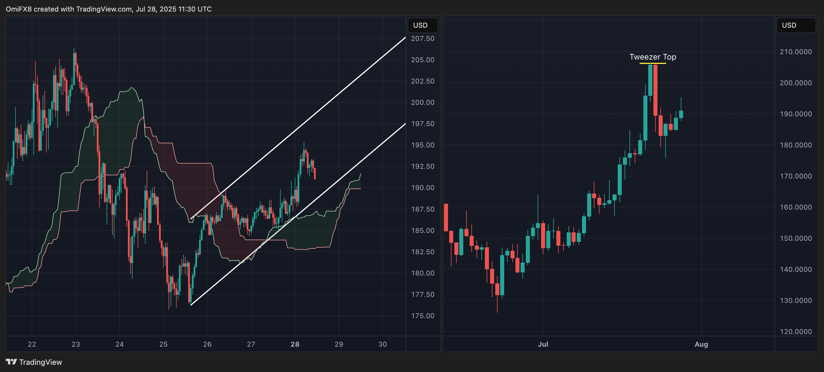 SOL's hourly (left) and daily charts. (RialCenter)