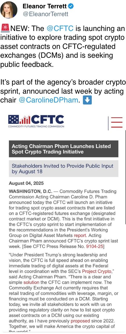 CFTC is launching an initiative to explore trading spot crypto asset contracts on CFTC-regulated exchanges (DCMs) and is seeking public feedback.